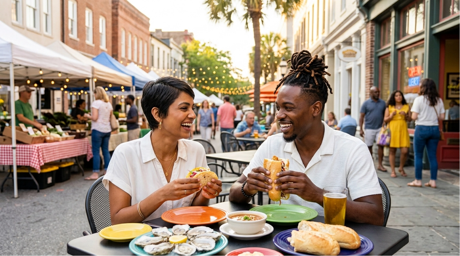 A smiling couple sits at an outdoor table with sandwiches, oysters, and drinks at a street market, surrounded by people and vendor tents on a sunny day.