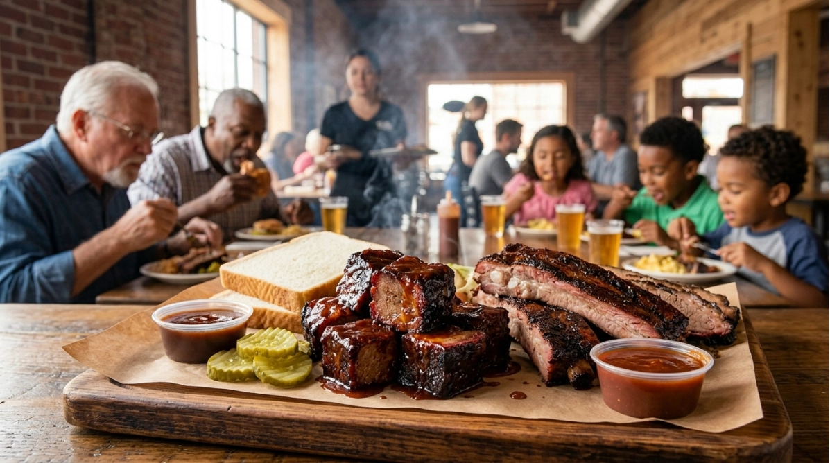 A group of people enjoy a meal at a rustic restaurant, with a tray of barbecue ribs, brisket, pickles, bread, and sauce in focus on the table.
