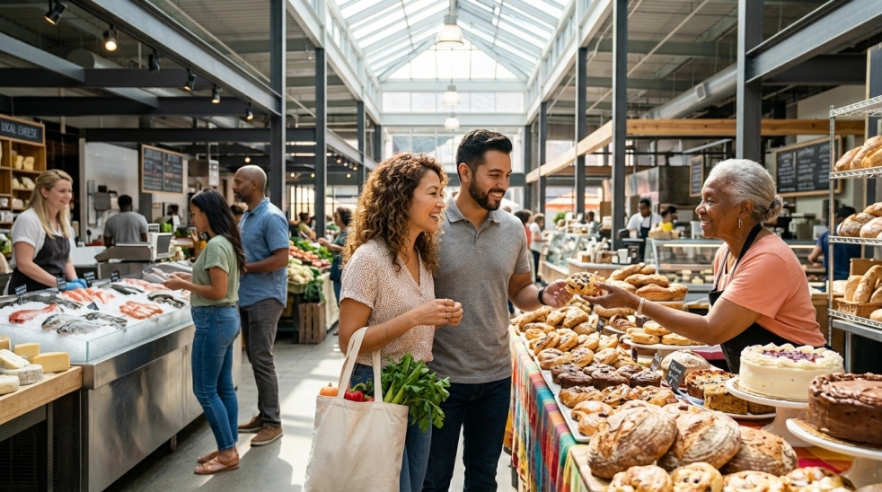 A smiling couple shops for baked goods at an indoor market, chatting with a vendor behind a pastry display. Other shoppers and stalls with produce and seafood are visible in the background. Natural light fills the space.