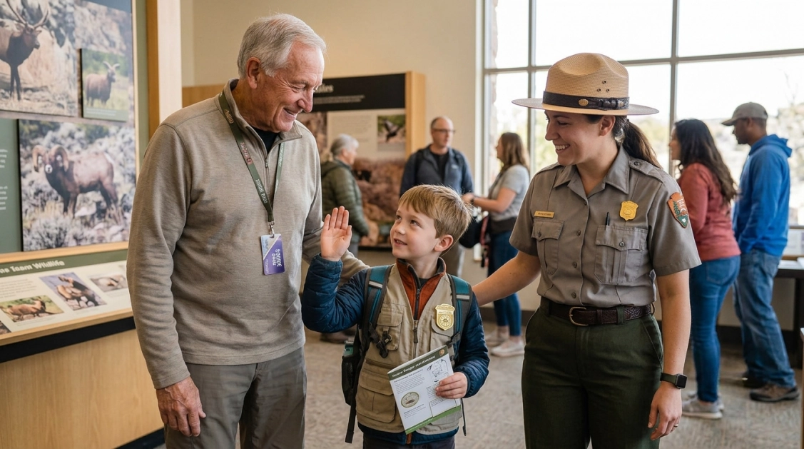 A young boy high-fives an older man while a park ranger smiles beside them in a visitor center with people and wildlife displays in the background.