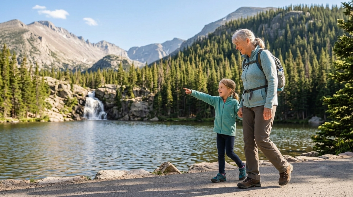 An older woman and a young girl hike by a lake, surrounded by pine trees and mountains, with a waterfall in the background. The girl is pointing ahead, and both wear outdoor clothing and backpacks.