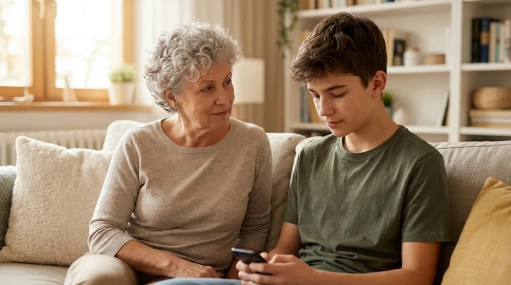 An older woman with gray curly hair sits on a couch next to a teenage boy holding a smartphone. She looks at him with a gentle expression while he focuses on the phone. They are in a cozy living room.