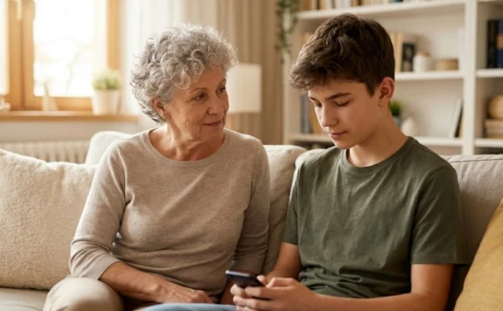 An older woman with gray curly hair sits on a couch next to a teenage boy holding a smartphone. She looks at him with a gentle expression while he focuses on the phone. They are in a cozy living room.
