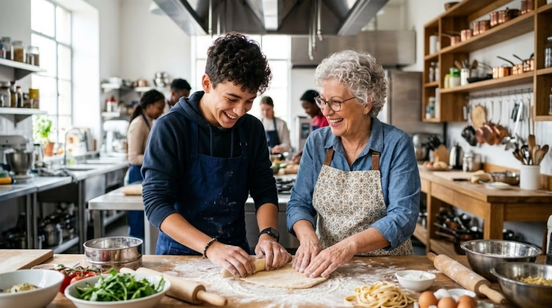A smiling older woman and a teenage boy, both in aprons, roll out dough together on a floured kitchen island, with bowls of ingredients and pasta nearby in a bright, modern kitchen.