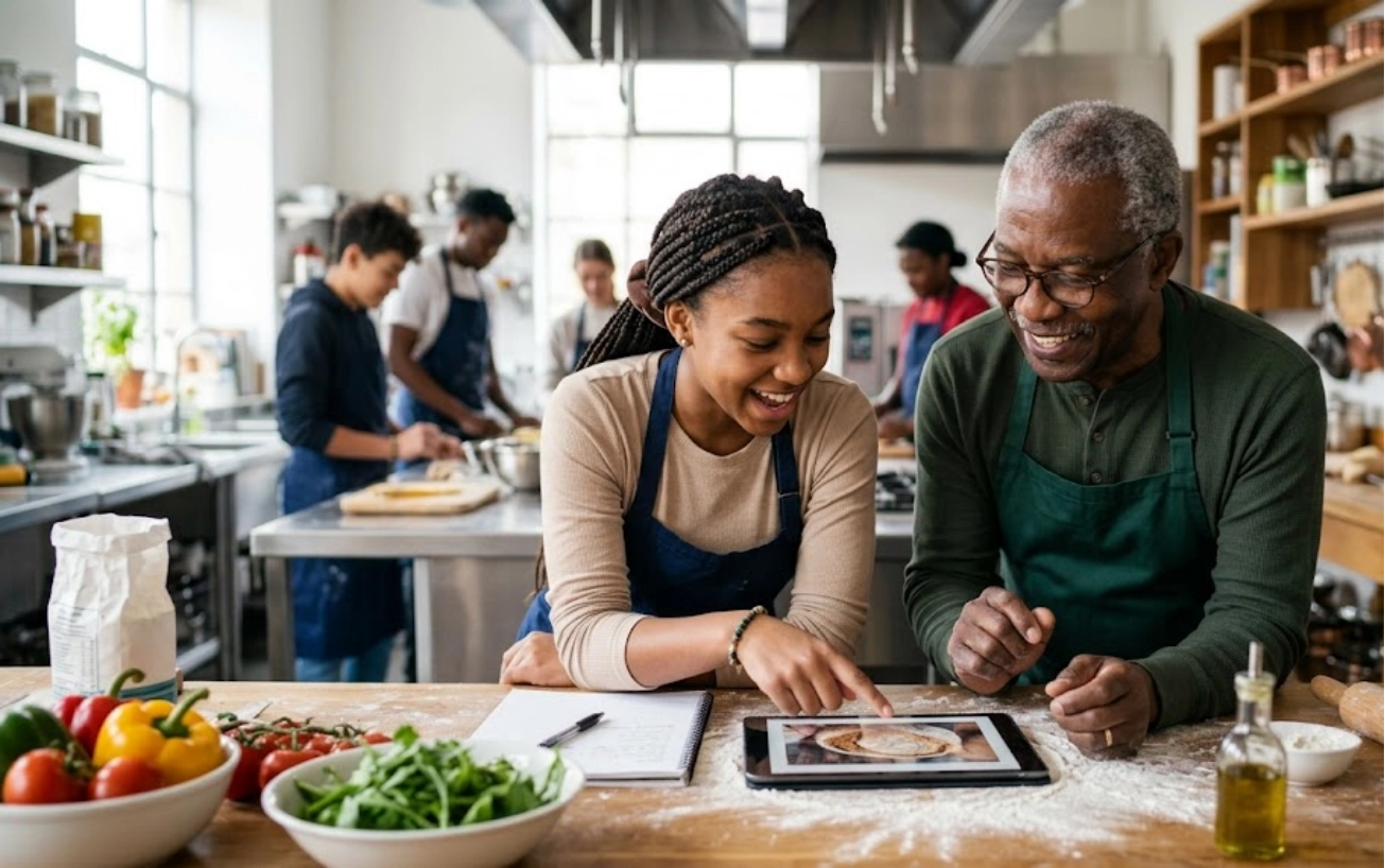 Two people in aprons smile while looking at a tablet in a kitchen. Fresh vegetables and cooking utensils are on the counter. Other people cook in the background. Sunlight streams through large windows.