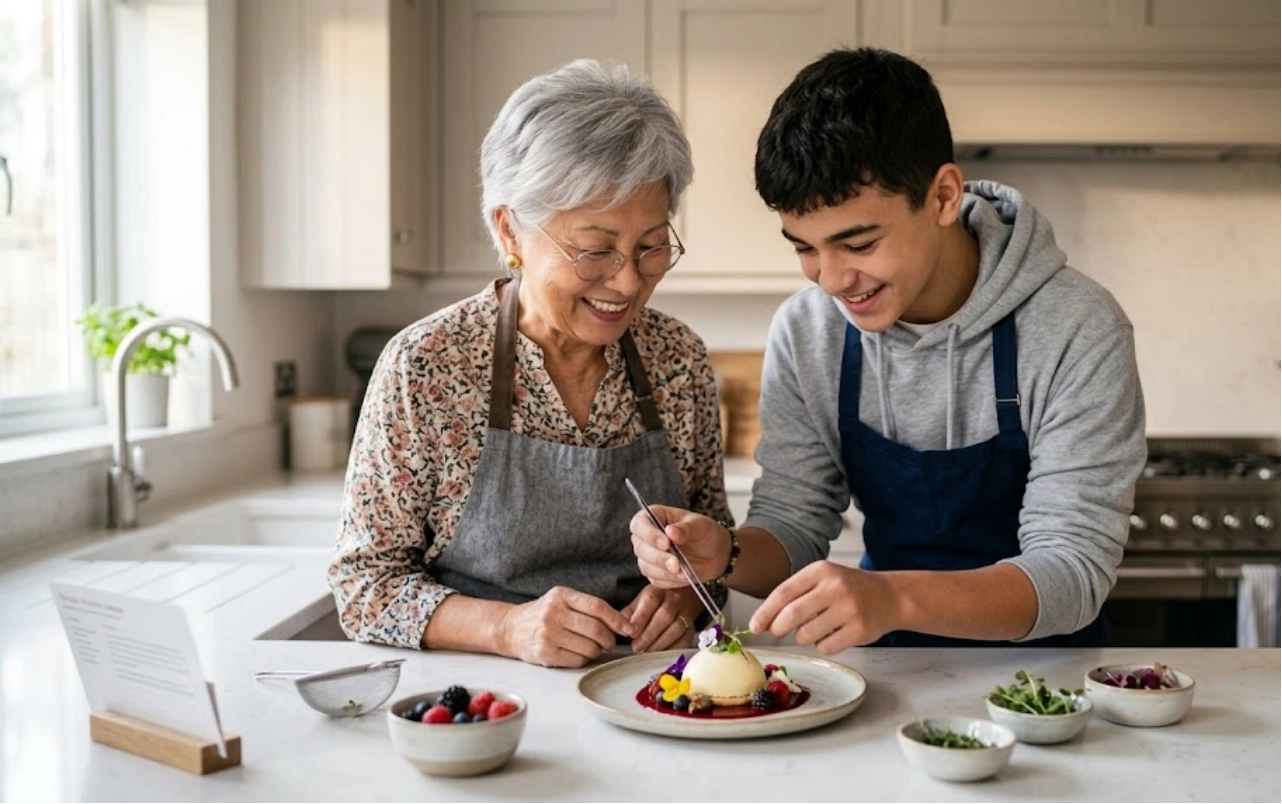An older woman and a teenage boy, both smiling, decorate a dessert together in a kitchen. Various bowls of ingredients are on the counter around them.