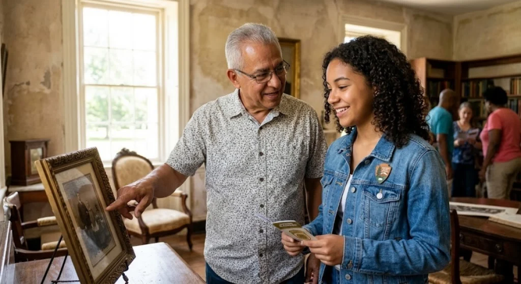 An older man and a young woman smile while looking at a framed photo in a historic room, with others in the background and bookshelves along the wall.