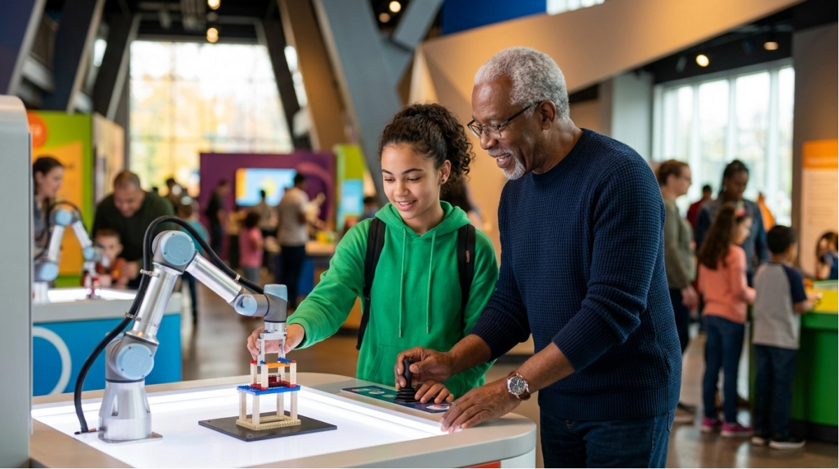 A smiling girl and an older man use a robotic arm to build a structure in a busy, modern science museum with other children and adults in the background.