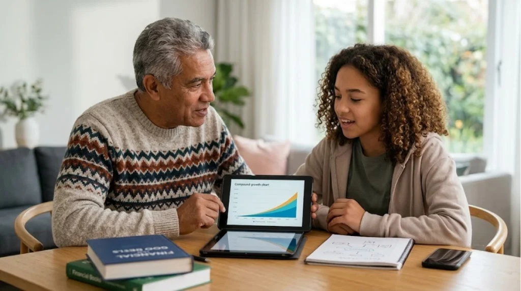 An older man and a young girl sit at a table, looking at a tablet showing a growth chart. Books and a notebook are on the table, suggesting they are studying or discussing a lesson together.