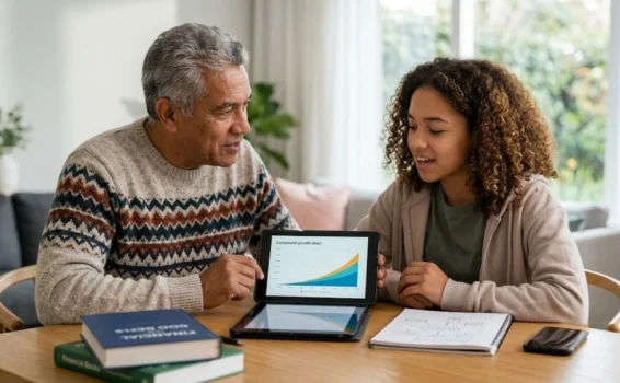 An older man and a young girl sit at a table, looking at a tablet showing a growth chart. Books and a notebook are on the table, suggesting they are studying or discussing a lesson together.