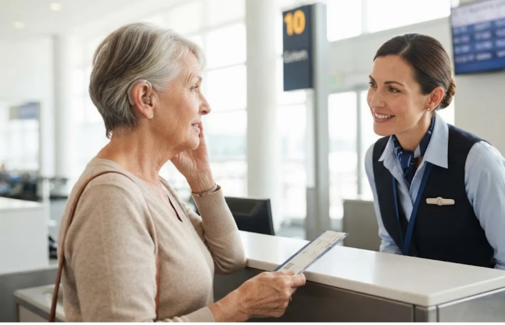 An older woman holding a boarding pass speaks with a smiling airline staff member at an airport check-in counter.