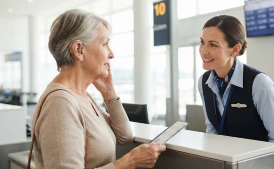An older woman holding a boarding pass speaks with a smiling airline staff member at an airport check-in counter.