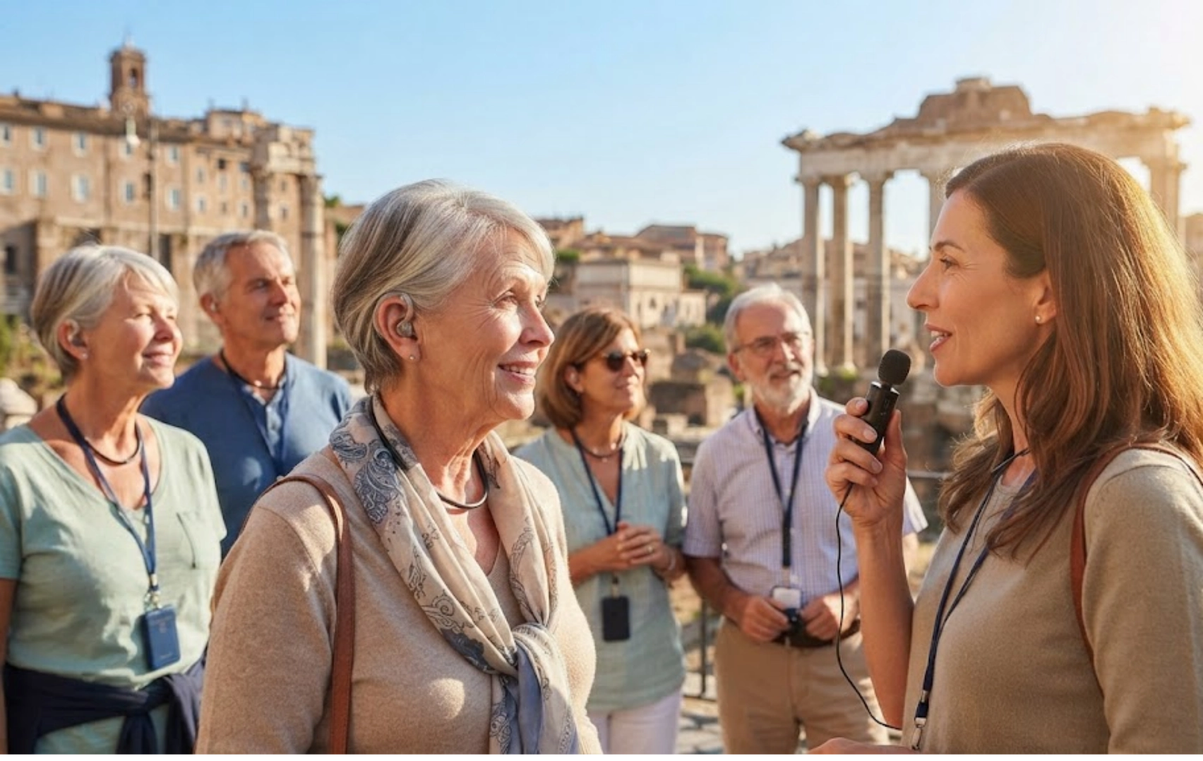 A tour guide speaks into a microphone while a group of older adults with audio devices listen, standing outdoors among ancient Roman ruins on a sunny day.