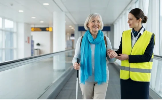 An older woman with a cane is assisted by an airport staff member in a yellow vest as they walk through a bright, modern terminal.
