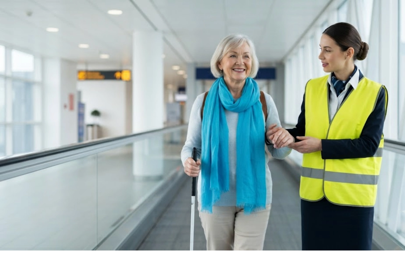 An older woman with a cane is assisted by an airport staff member in a yellow vest as they walk through a bright, modern terminal.