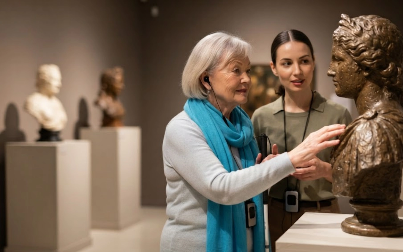 An older woman with a blue scarf touches a bronze bust in a museum, guided by a younger woman. Both wear audio devices, and other sculptures are visible in the background.