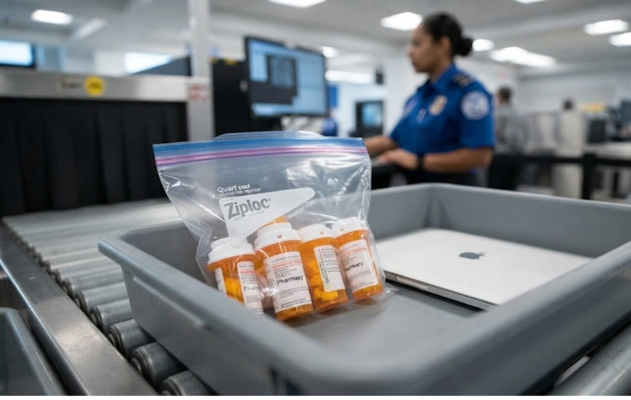 A clear plastic bag with prescription pill bottles and an iPad in a security tray on an airport conveyor belt; a security officer is visible in the background.