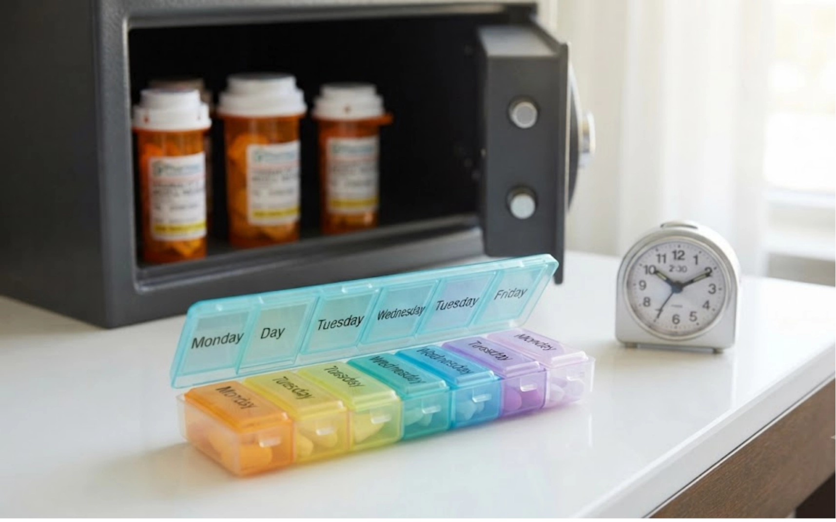 A weekly pill organizer sits on a table next to a small clock, with an open safe containing prescription pill bottles in the background.