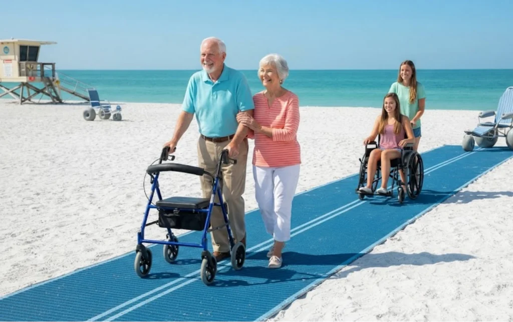 Two smiling seniors walk arm-in-arm on a blue mat at the beach, with a young woman pushing another young woman in a wheelchair behind them. The sea and sky are bright and clear in the background.