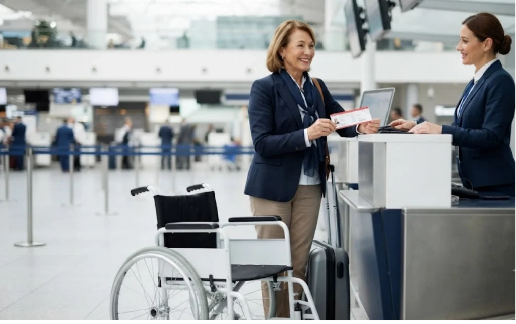 A woman stands at an airport check-in counter holding a boarding pass, speaking to an airline staff member. A wheelchair is positioned next to her. The background shows airport activity and other passengers.