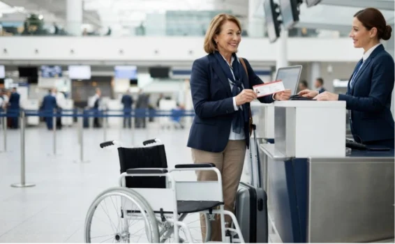 A woman stands at an airport check-in counter holding a boarding pass, speaking to an airline staff member. A wheelchair is positioned next to her. The background shows airport activity and other passengers.