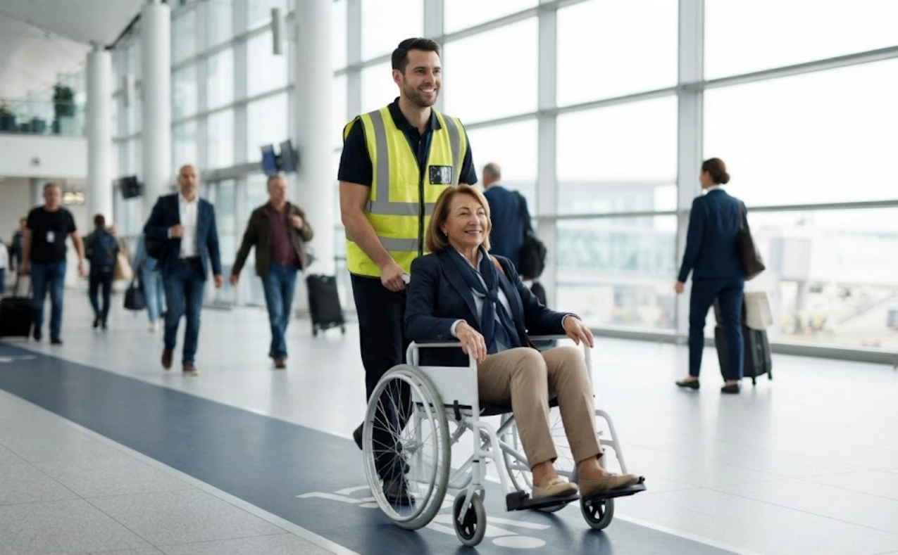 A smiling airport worker in a safety vest pushes a woman in a wheelchair through a bright, modern terminal. Travelers with luggage walk in the background.