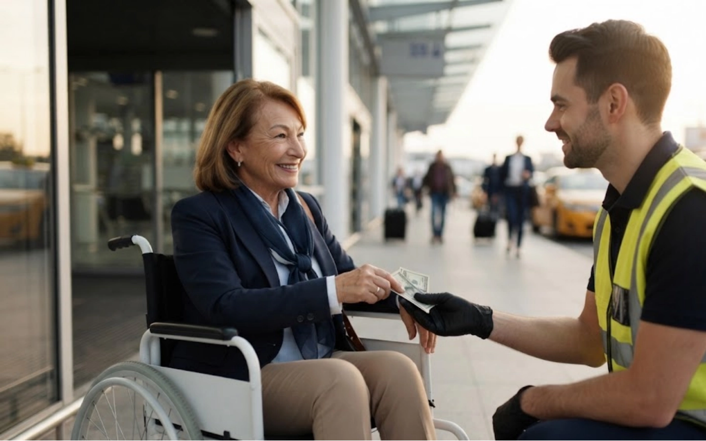 Smiling woman in a wheelchair hands money to a male airport worker wearing a safety vest and gloves, outside a terminal with taxis in the background.