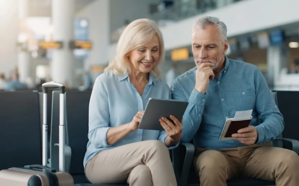 An older couple sitting in an airport terminal, smiling while looking at a tablet. Both have luggage, and the man holds passports and tickets.