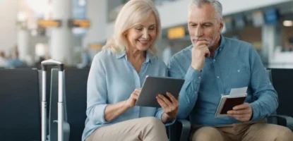 An older couple sitting in an airport terminal, smiling while looking at a tablet. Both have luggage, and the man holds passports and tickets.