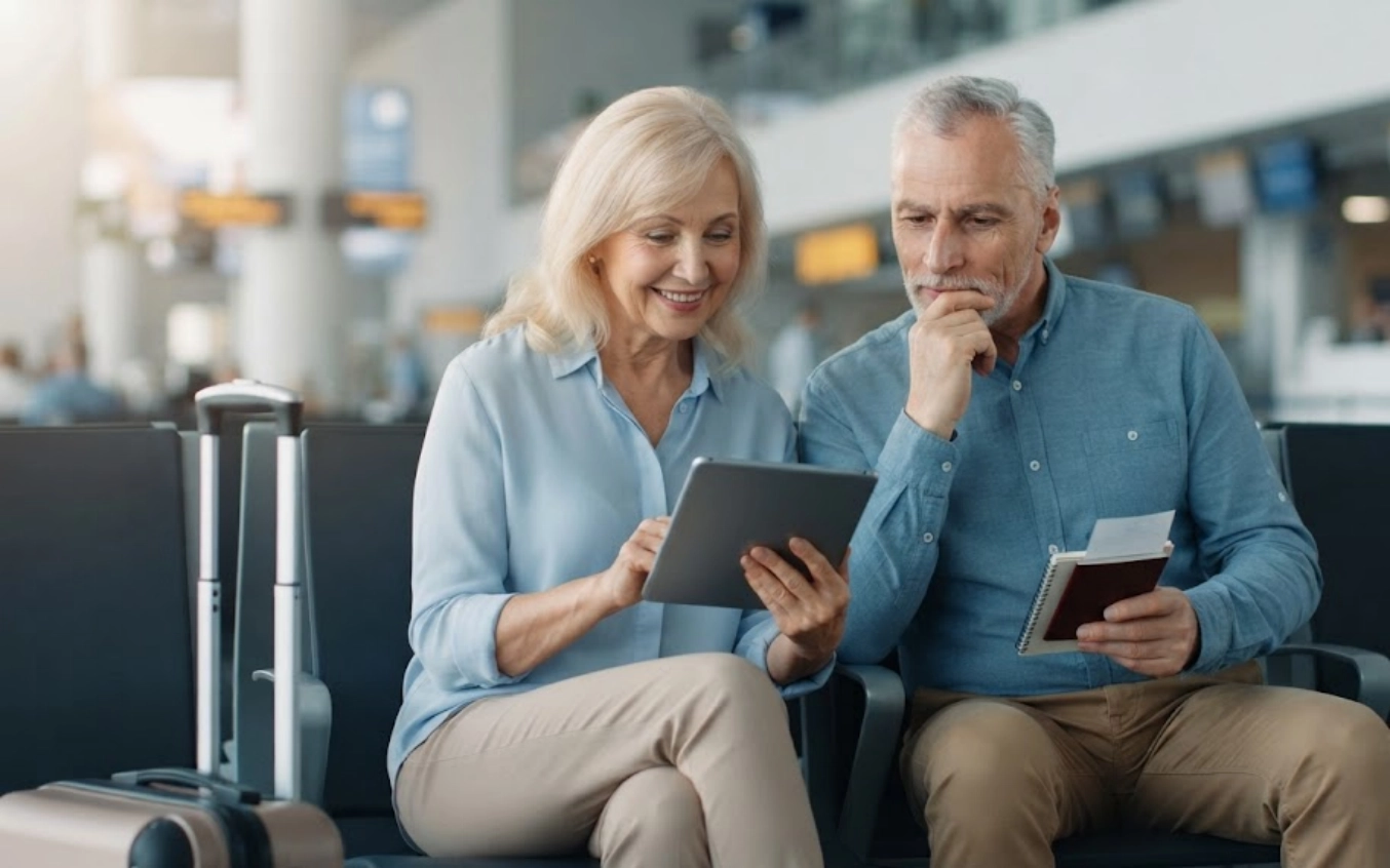 An older couple sitting in an airport terminal, smiling while looking at a tablet. Both have luggage, and the man holds passports and tickets.