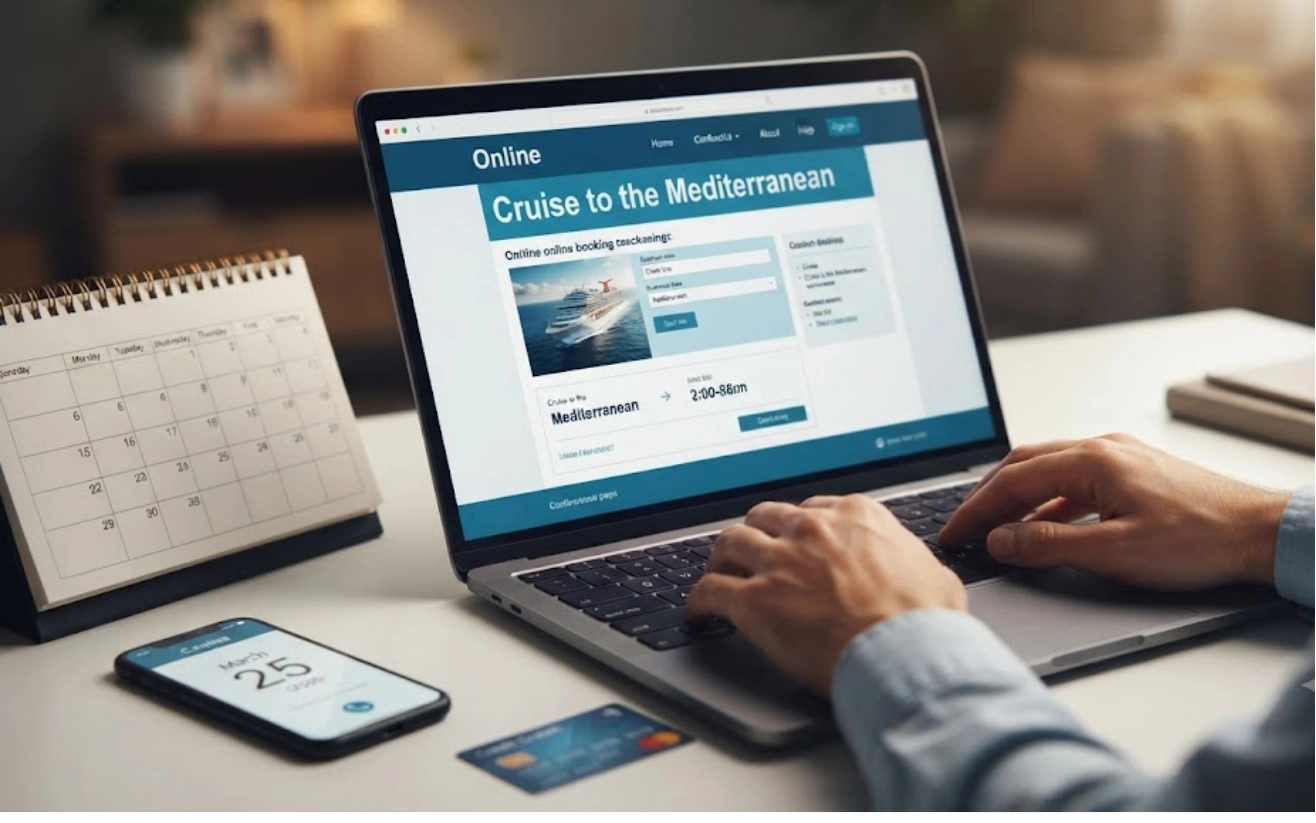 A person books a Mediterranean cruise on a laptop at a desk with a calendar, smartphone, and credit card nearby.