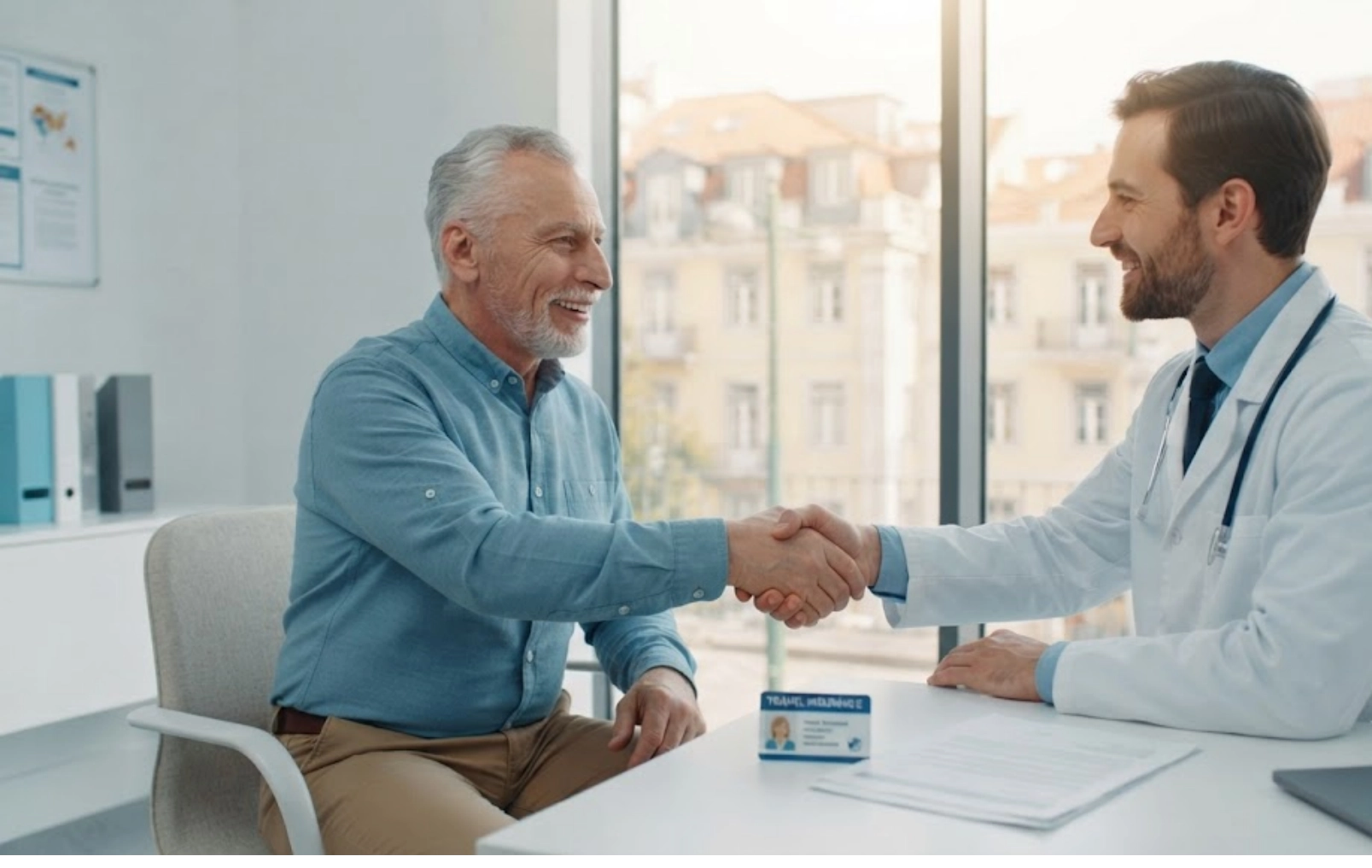 An older man and a doctor smile and shake hands in a bright medical office, with a box of medication on the desk between them.