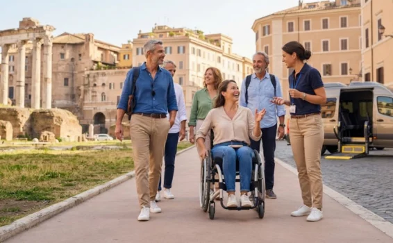 A group of adults, including a woman in a wheelchair, smiles and talks while touring ancient ruins in a European city. An accessible van is parked nearby.