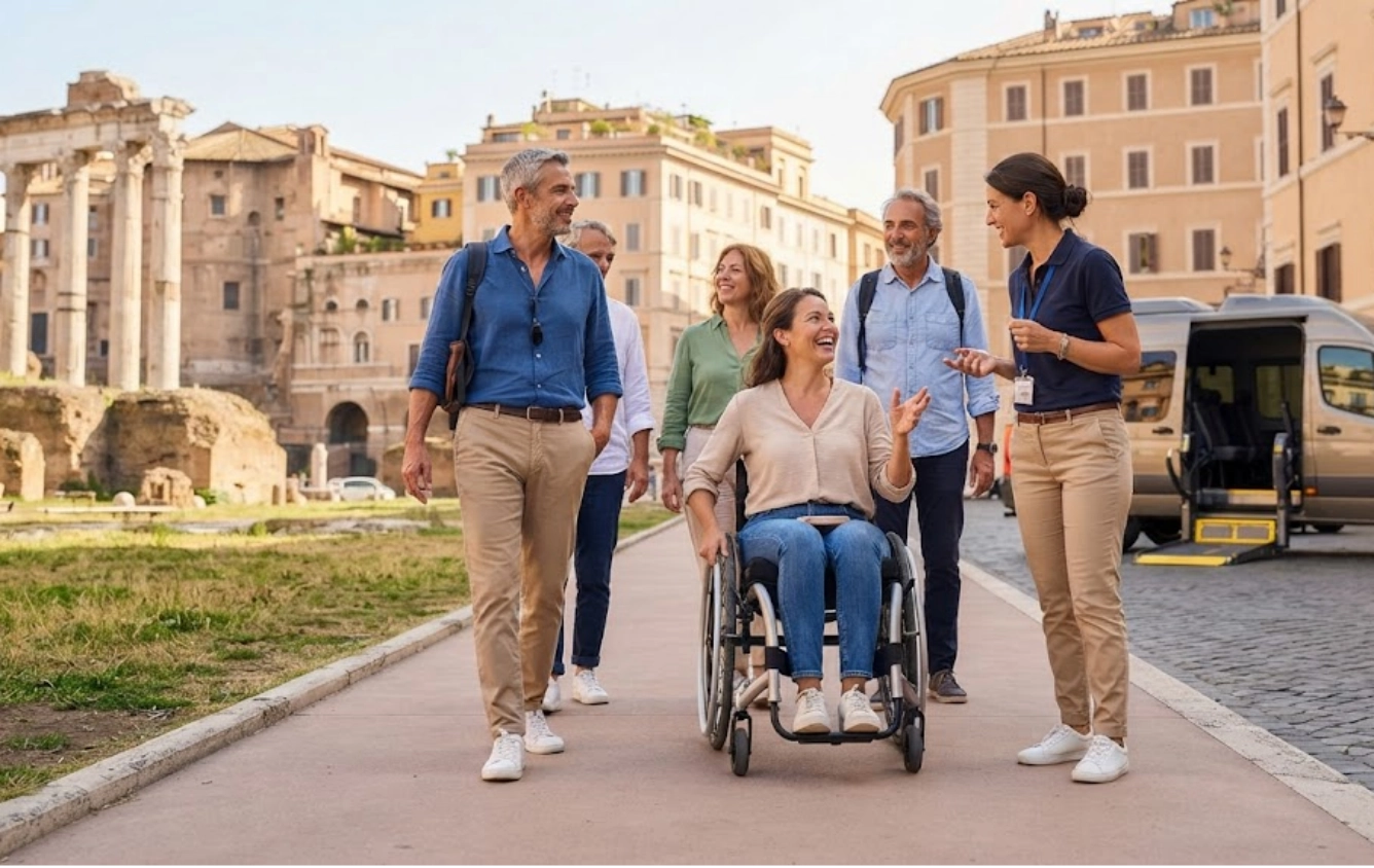 A group of adults, including a woman in a wheelchair, smiles and talks while touring ancient ruins in a European city. An accessible van is parked nearby.