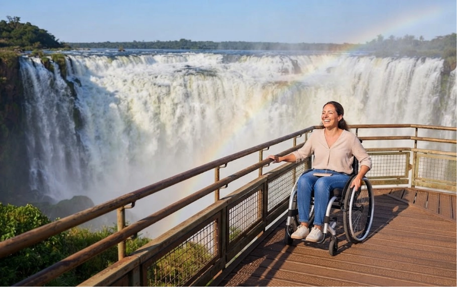 A woman in a wheelchair smiles while enjoying a scenic view of large waterfalls and a rainbow from an accessible wooden observation deck under a clear blue sky.