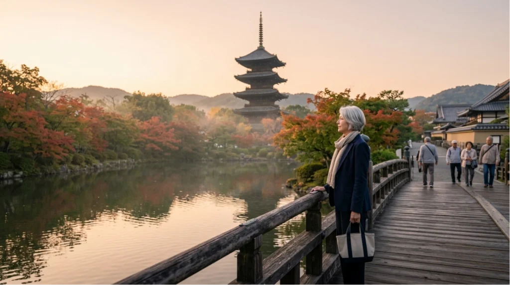 An older woman stands on a wooden bridge by a calm pond, with colorful autumn trees and a traditional pagoda in the background. Several people walk along the path at sunset.