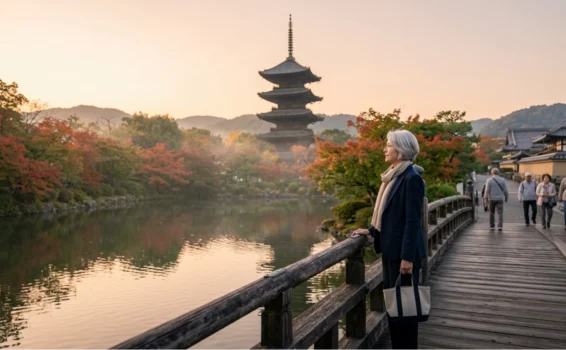 An older woman stands on a wooden bridge by a calm pond, with colorful autumn trees and a traditional pagoda in the background. Several people walk along the path at sunset.