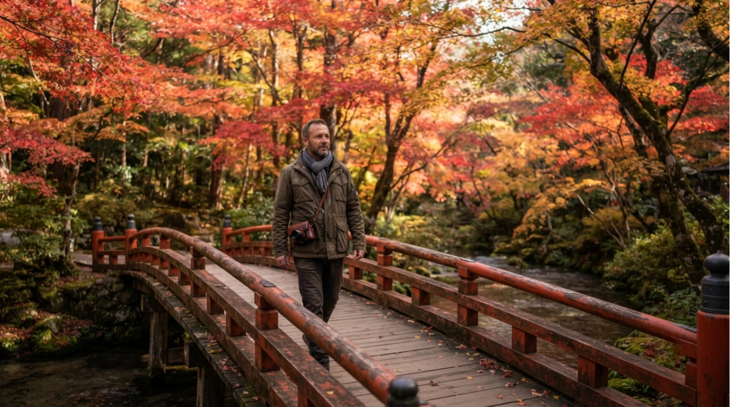 A person walks across a wooden bridge surrounded by trees with vibrant autumn leaves in shades of red, orange, and yellow, holding a camera in a peaceful park setting.