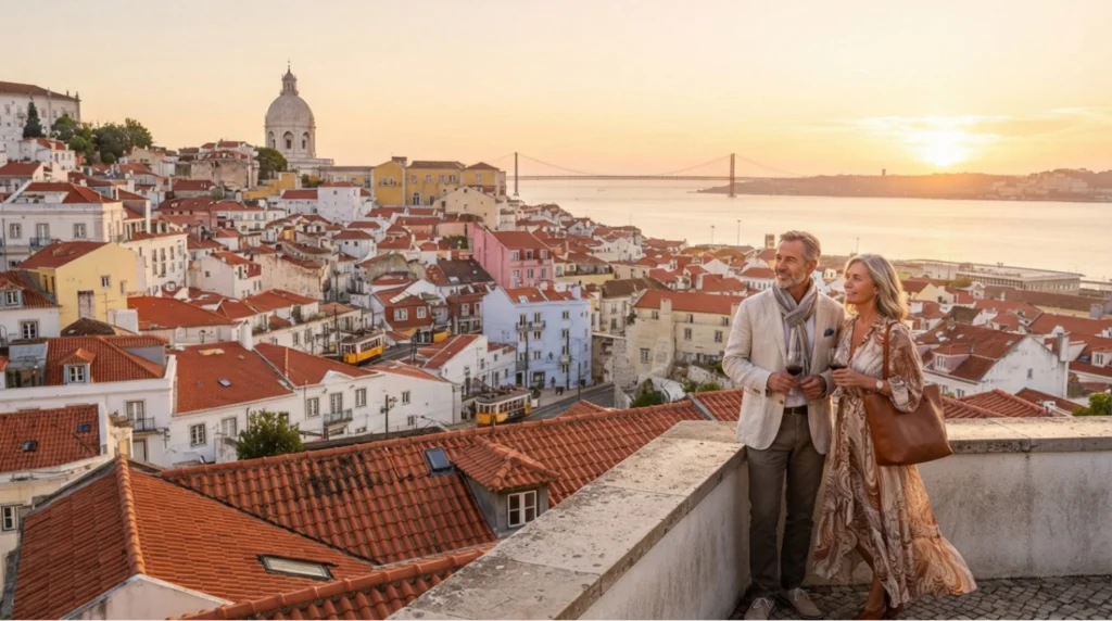 A couple stands on a terrace overlooking Lisbons red-roofed buildings, the Tagus River, and a distant suspension bridge at sunset, enjoying the scenic city view.