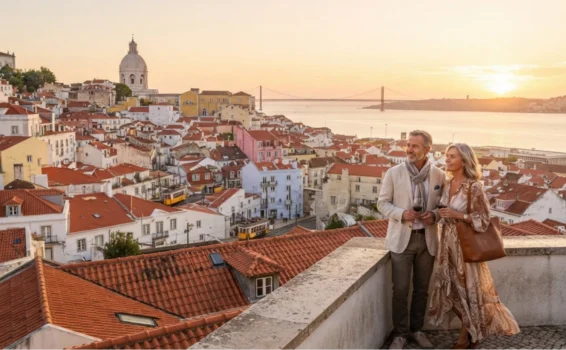 A couple stands on a terrace overlooking Lisbons red-roofed buildings, the Tagus River, and a distant suspension bridge at sunset, enjoying the scenic city view.