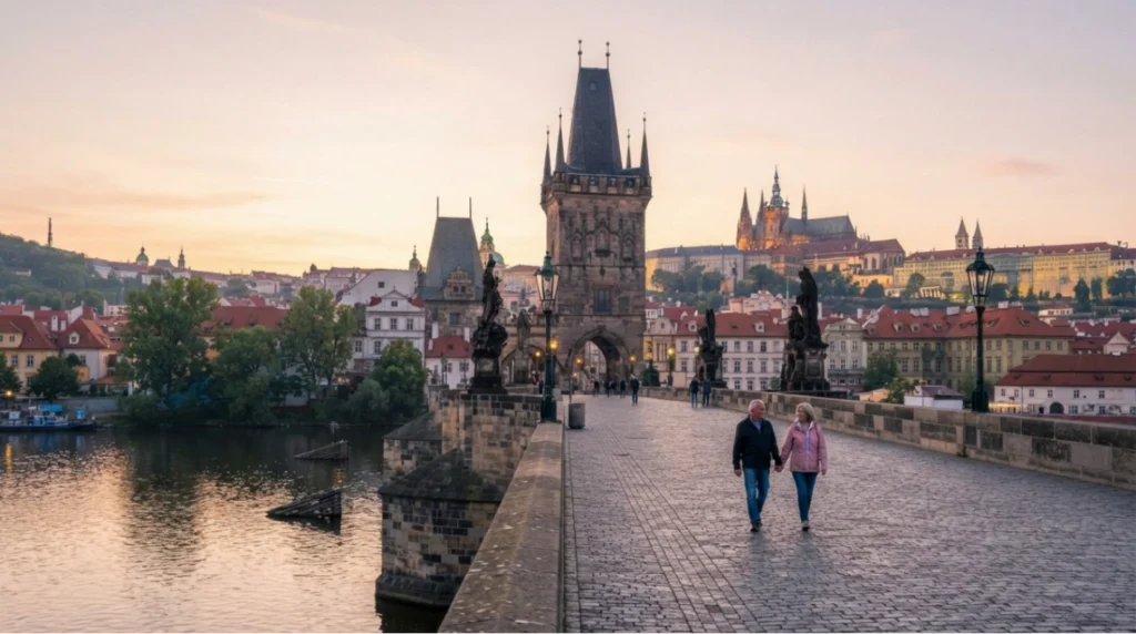 Two people walk along the historic Charles Bridge in Prague at sunrise, with city buildings, statues, and the Prague Castle visible in the background.