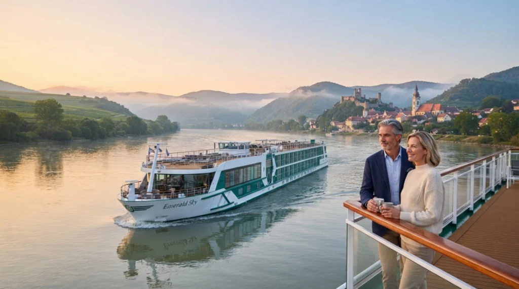 A couple stands on a river cruise ship deck at sunset, smiling and holding cups, while another modern cruise ship sails nearby. Green hills, a village, and misty mountains are visible in the background.