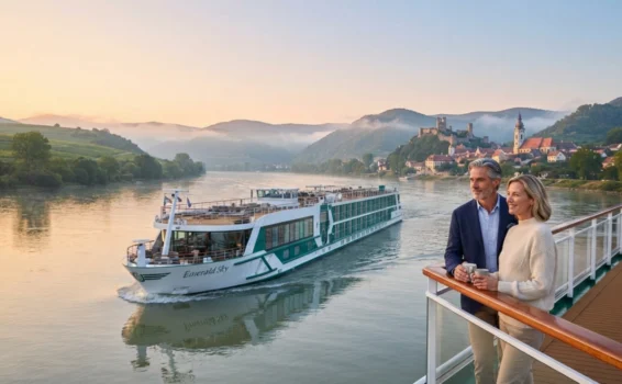A couple stands on a river cruise ship deck at sunset, smiling and holding cups, while another modern cruise ship sails nearby. Green hills, a village, and misty mountains are visible in the background.