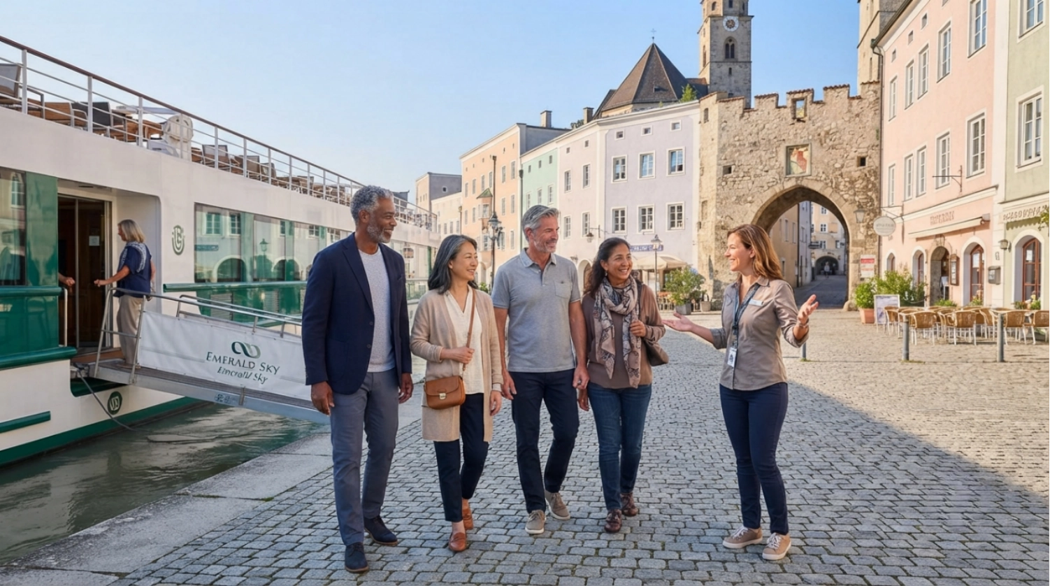A tour guide leads a group of five adults along a cobblestone street by a docked river cruise ship, with historic buildings and an arched gate in the background.