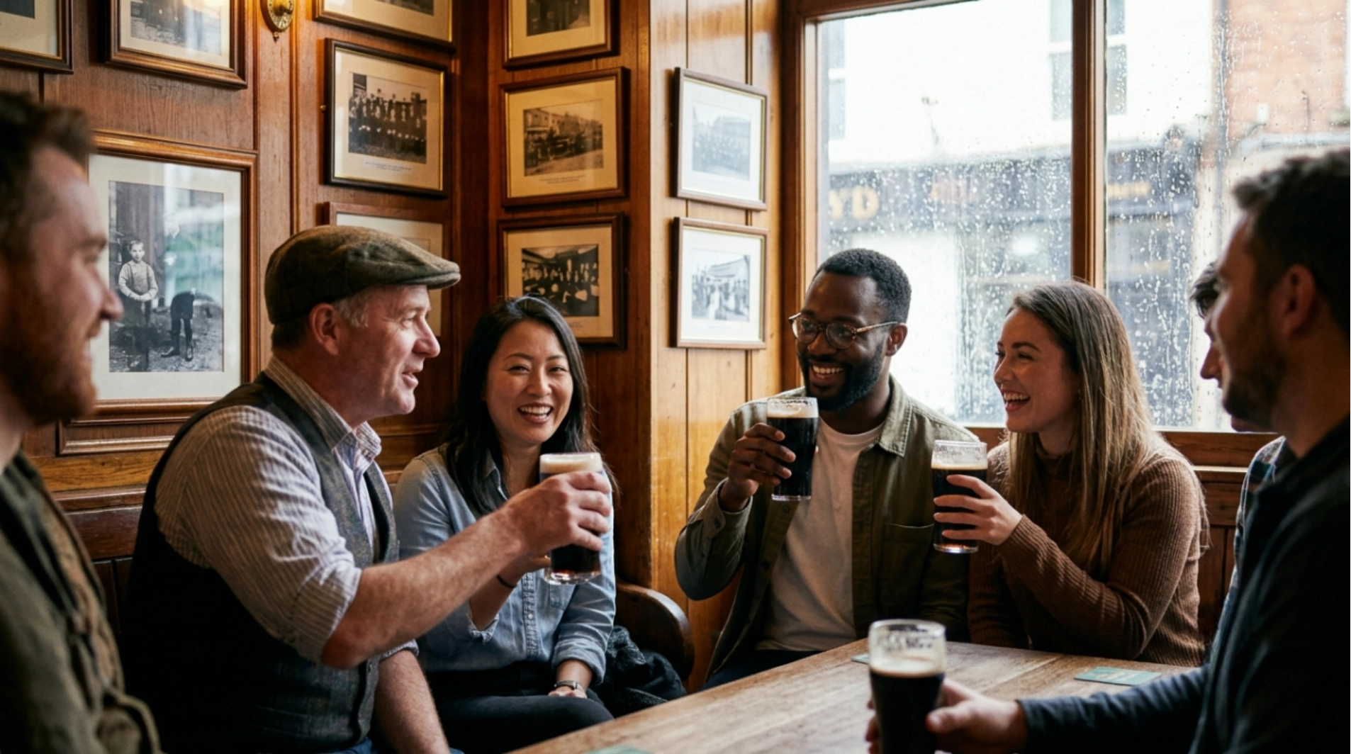 A group of six people sit around a wooden table in a cozy pub, smiling and raising glasses of dark beer. Framed photos hang on the walls, and rain falls outside the window.