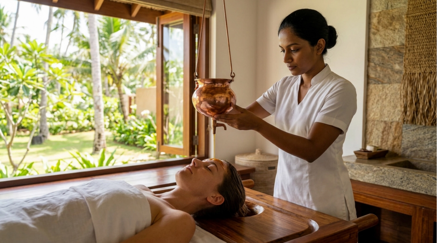 A woman lies on a massage table as another woman in white pours oil from a copper pot onto her forehead in a spa with tropical trees visible outside the window.
