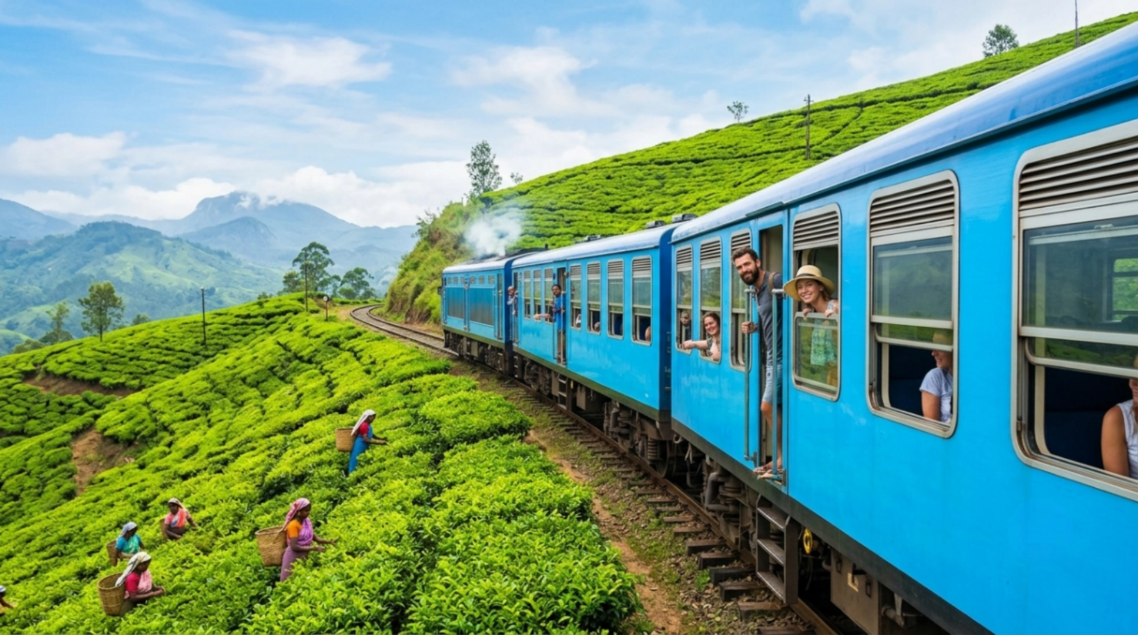 A bright blue train travels through lush green hills as people onboard wave and smile, while tea pickers work in the fields under a clear sky with mountains in the background.