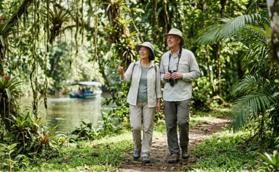 An older couple in safari clothes walks on a lush jungle path, smiling and enjoying nature. A river and a boat with people are visible in the background among green trees and plants.
