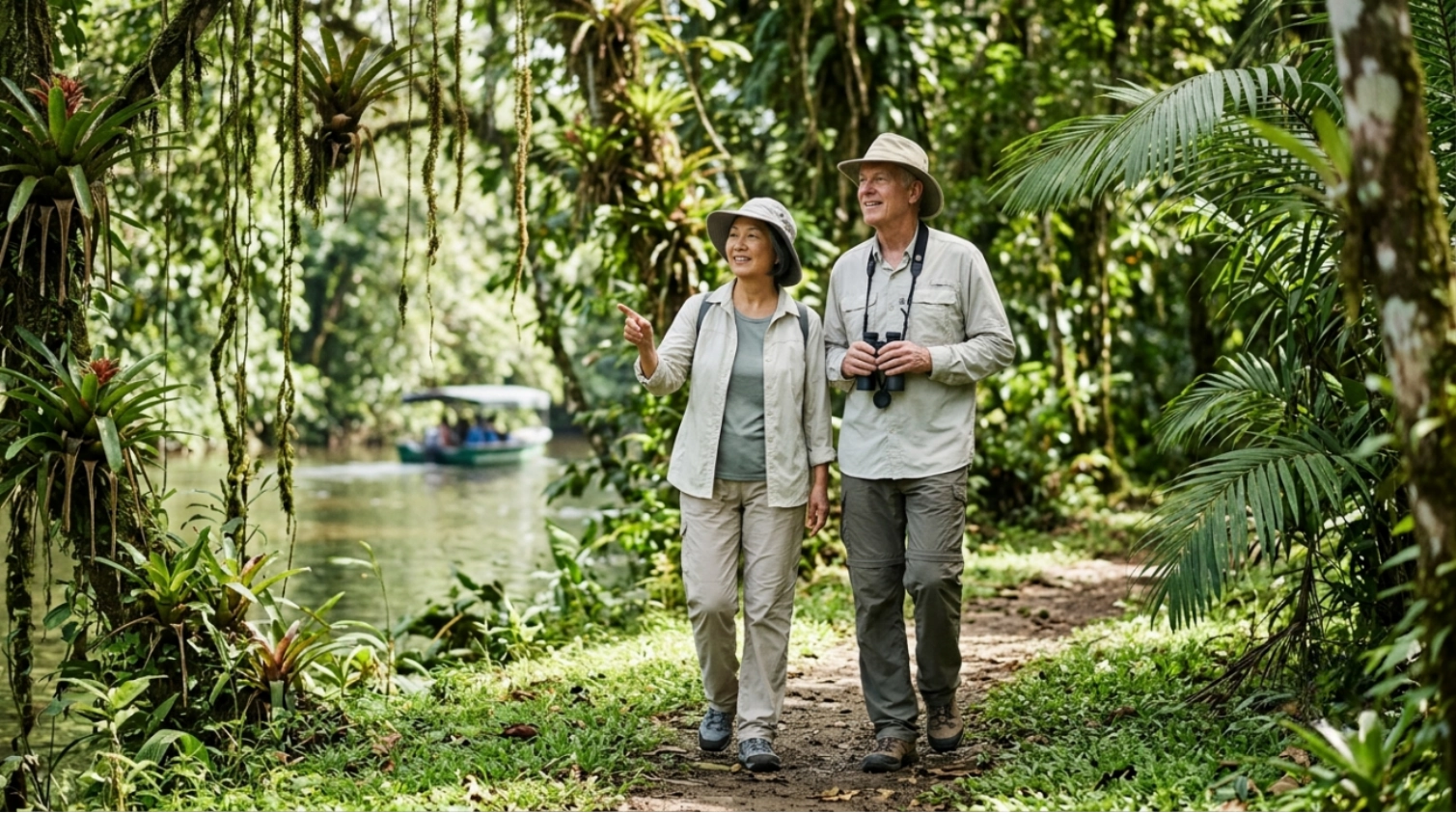 An older couple in safari clothes walks on a lush jungle path, smiling and enjoying nature. A river and a boat with people are visible in the background among green trees and plants.