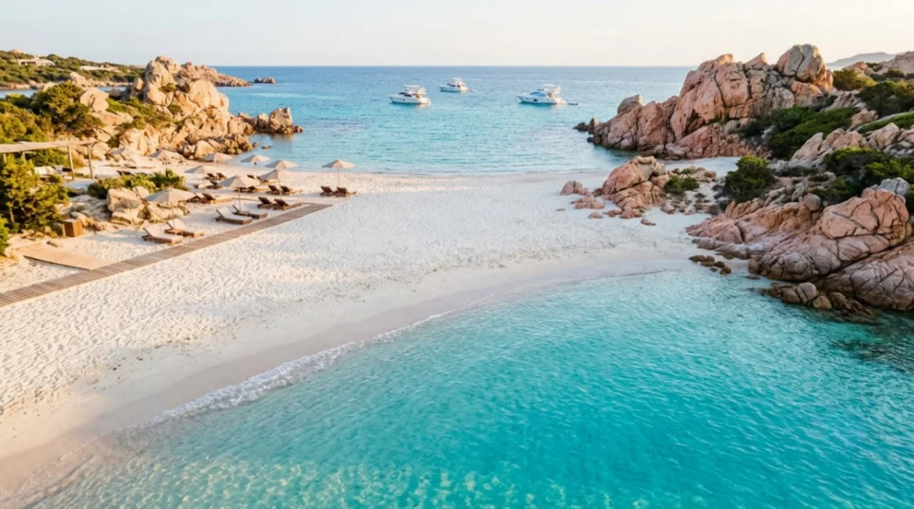 Aerial view of a tropical beach with white sand, clear turquoise water, rocky cliffs, lounge chairs, and several yachts anchored in the distance.